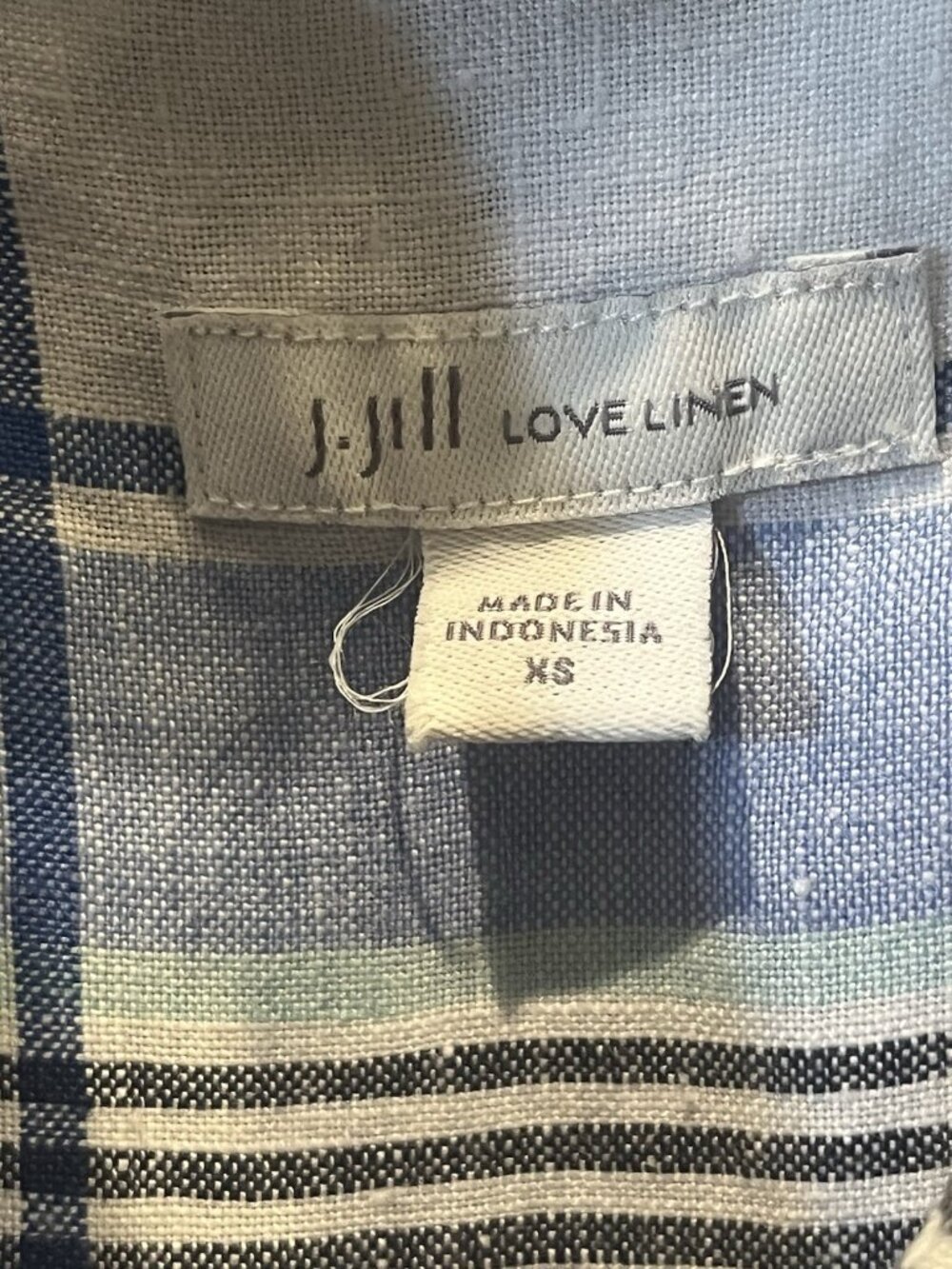 J. Jill Love Linen Shift Shirt Dress Blue & White Plaid Button Up Pockets XS - Picture 5 of 5